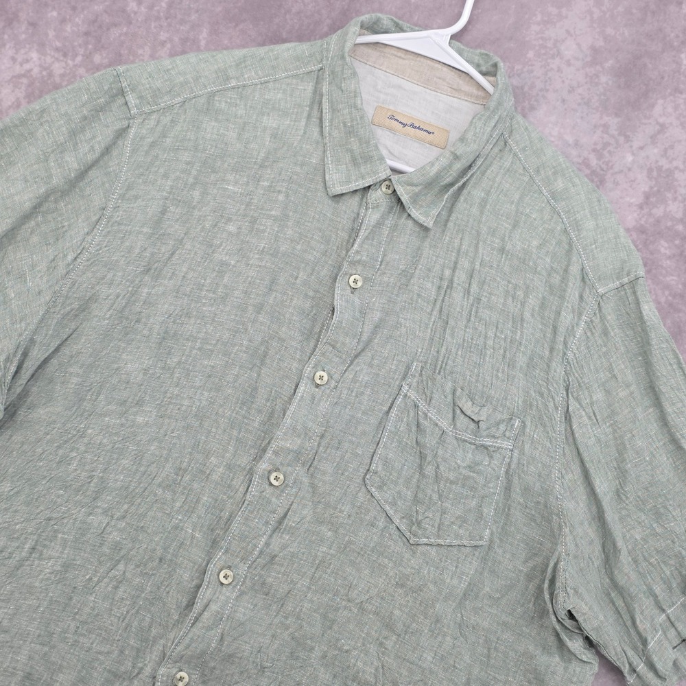 Tommy Bahama Linen Short Sleeve Mens 2XL Sage Green Button Down Shirt Pocket